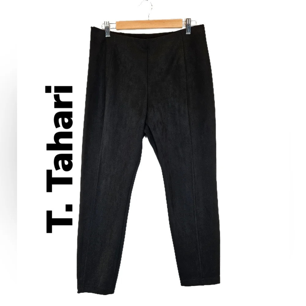 T. Tahari Black Faux Leather Elastic Waist Tapered Leg Pull On Pants Sz Large.